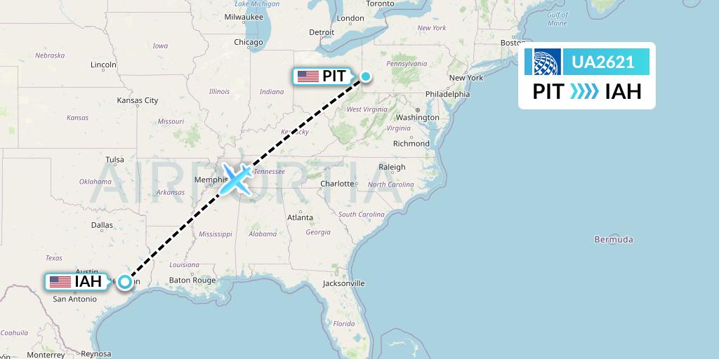 UA2621 United Airlines Flight Map: Pittsburgh to Houston
