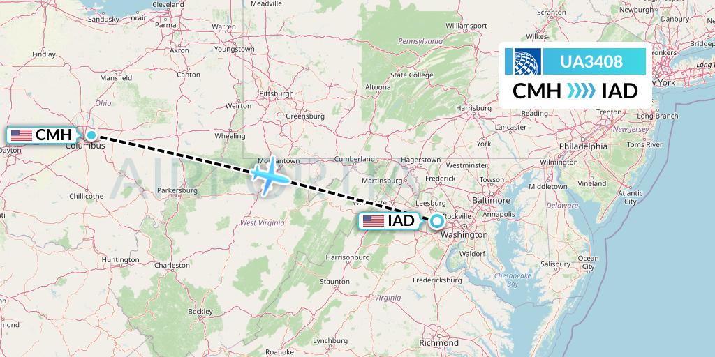 UA3408 United Airlines Flight Map: Columbus to Washington