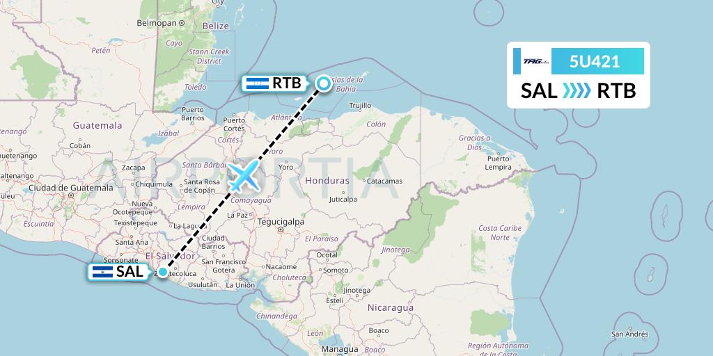 5U421 TAG Airlines Flight Map: San Salvador to Roatan