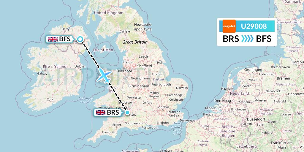 U29008 EasyJet Flight Map: Bristol to Belfast