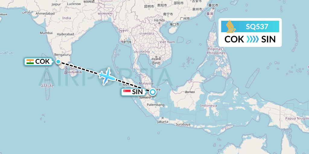 SQ537 Singapore Airlines Flight Map: Cochin to Singapore