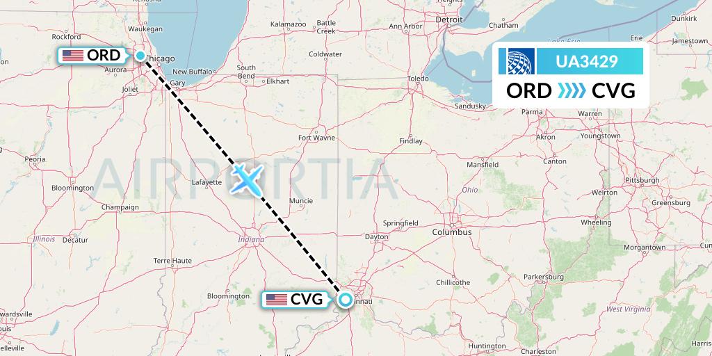 UA3429 United Airlines Flight Map: Chicago to Cincinnati