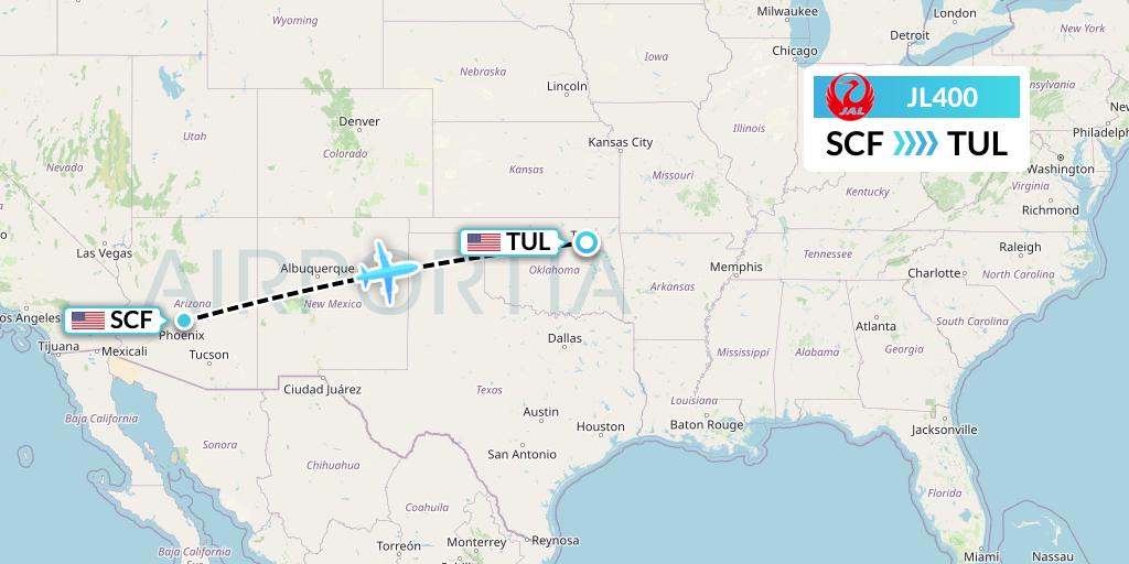 JL400 Japan Airlines Flight Map: Scottsdale to Tulsa