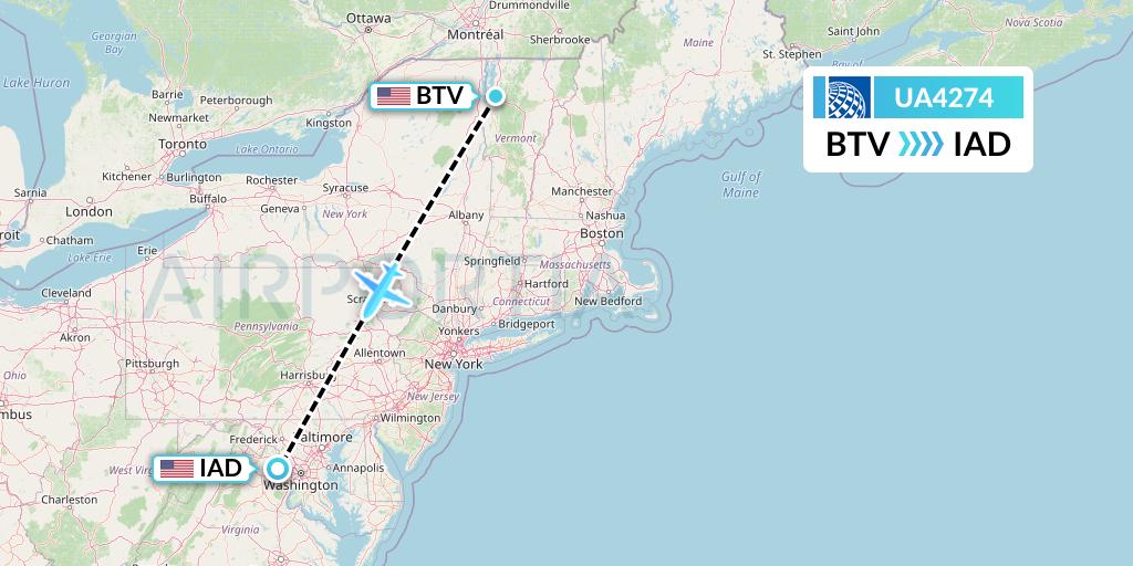 UA4274 United Airlines Flight Map: Burlington to Washington