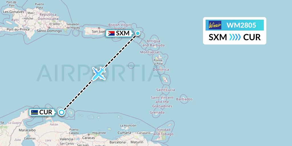 WM2805 Winair Flight Map: Sint Maarten to Willemstad