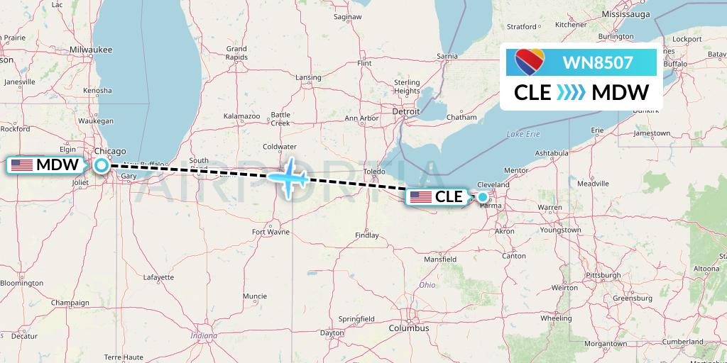 WN8507 Southwest Airlines Flight Map: Cleveland to Chicago