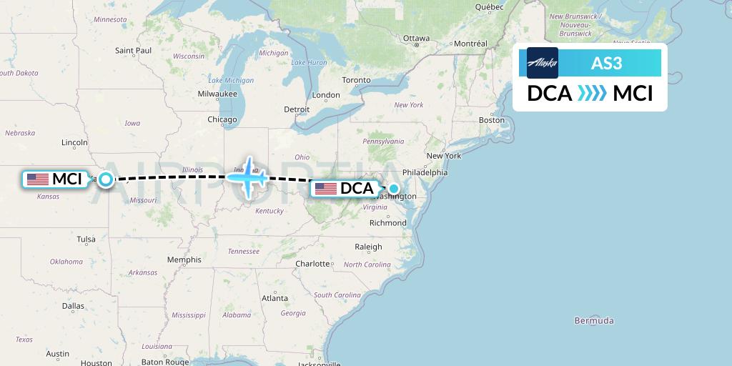 AS3 Alaska Airlines Flight Map: Washington to Kansas City