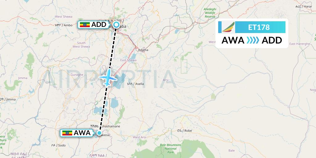 ET178 Ethiopian Airlines Flight Map: Awassa to Addis Ababa