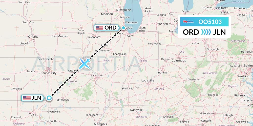 OO5103 SkyWest Airlines Flight Map: Chicago to Joplin