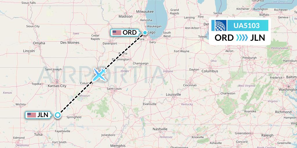 UA5103 United Airlines Flight Map: Chicago to Joplin