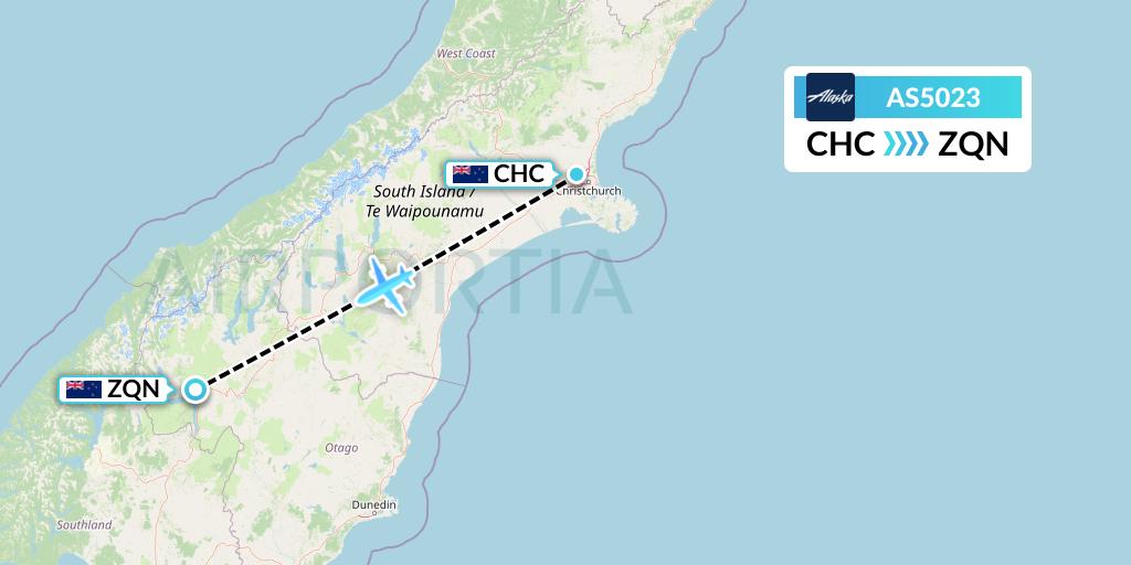 AS5023 Alaska Airlines Flight Map: Christchurch to Queenstown