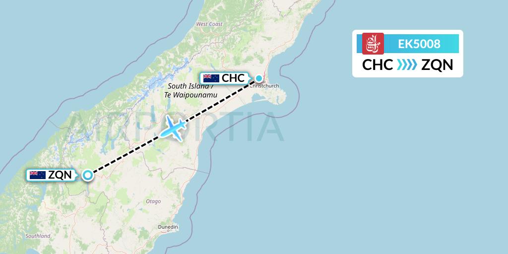 EK5008 Emirates Flight Map: Christchurch to Queenstown