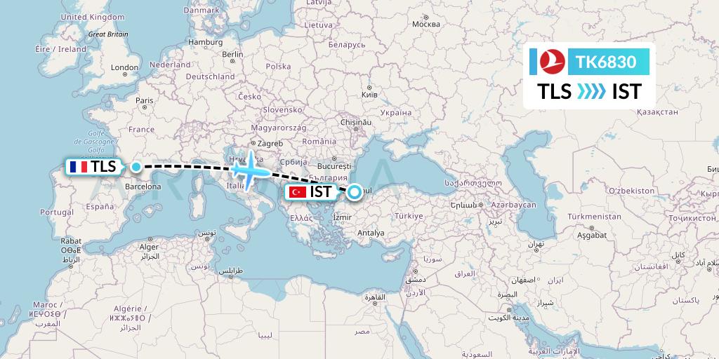 TK6830 Turkish Airlines Flight Map: Toulouse to Istanbul
