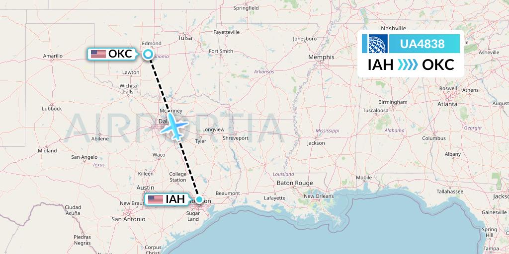 UA4838 United Airlines Flight Map: Houston to Oklahoma City