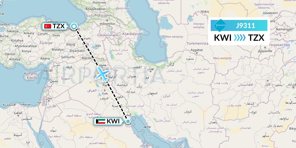 J9311 Jazeera Airways Flight Map: Kuwait City to Trabzon