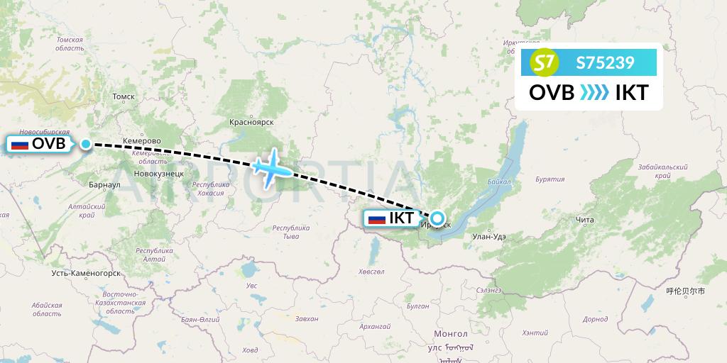 S75239 S7 Airlines Flight Map: Novosibirsk to Irkutsk
