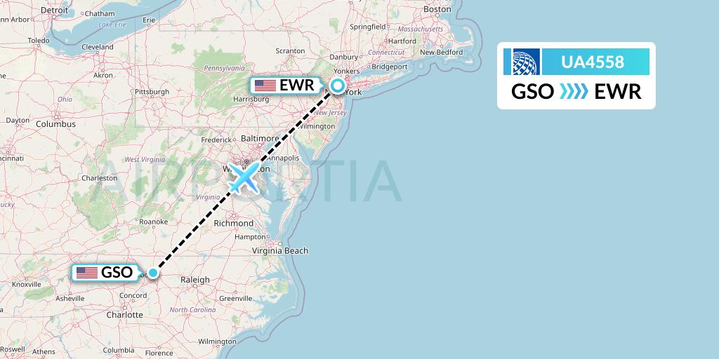 UA4558 United Airlines Flight Map: Greensboro to New York