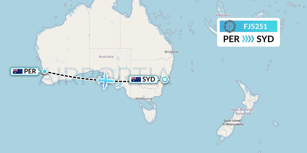 FJ5251 Fiji Airways Flight Map: Perth to Sydney