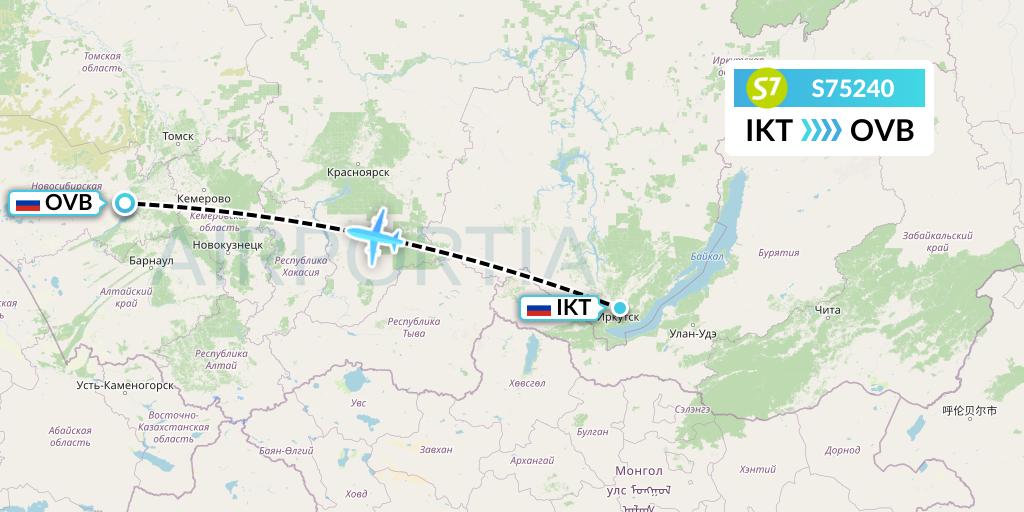 S75240 S7 Airlines Flight Map: Irkutsk to Novosibirsk