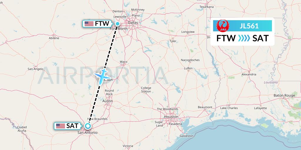 JL561 Japan Airlines Flight Map: Fort Worth to San Antonio
