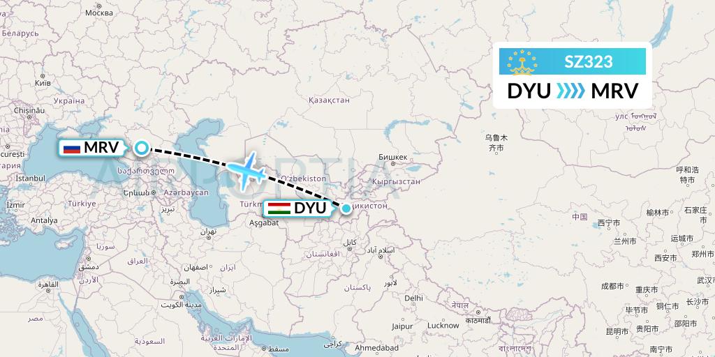 SZ323 Somon Air Flight Map: Dushanbe to Mineralnye Vody