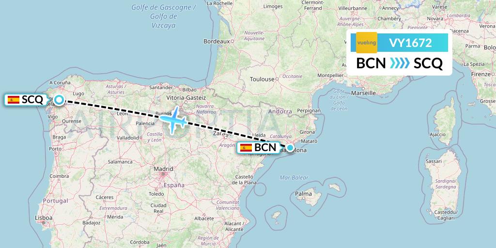 VY1672 Vueling Flight Map: Barcelona to Santiago