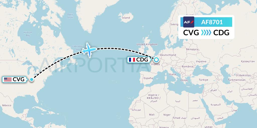 AF8701 Air France Flight Map: Cincinnati to Paris