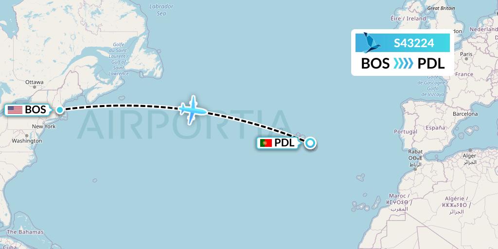 S43224 Azores Airlines Flight Map: Boston to Ponta Delgada
