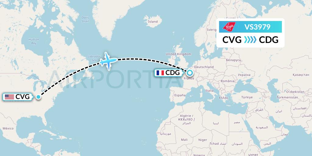 VS3979 Virgin Atlantic Airways Flight Map: Cincinnati to Paris