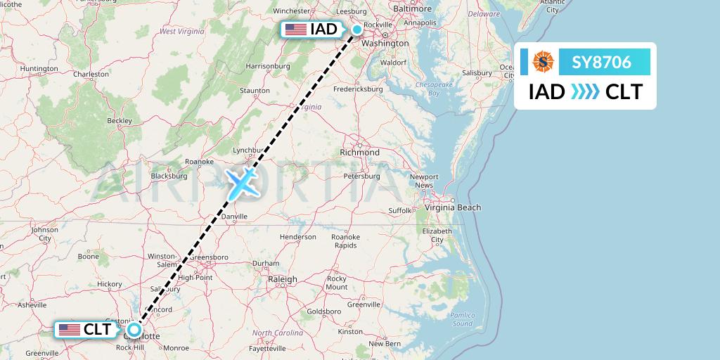 SY8706 Sun Country Airlines Flight Map: Washington to Charlotte