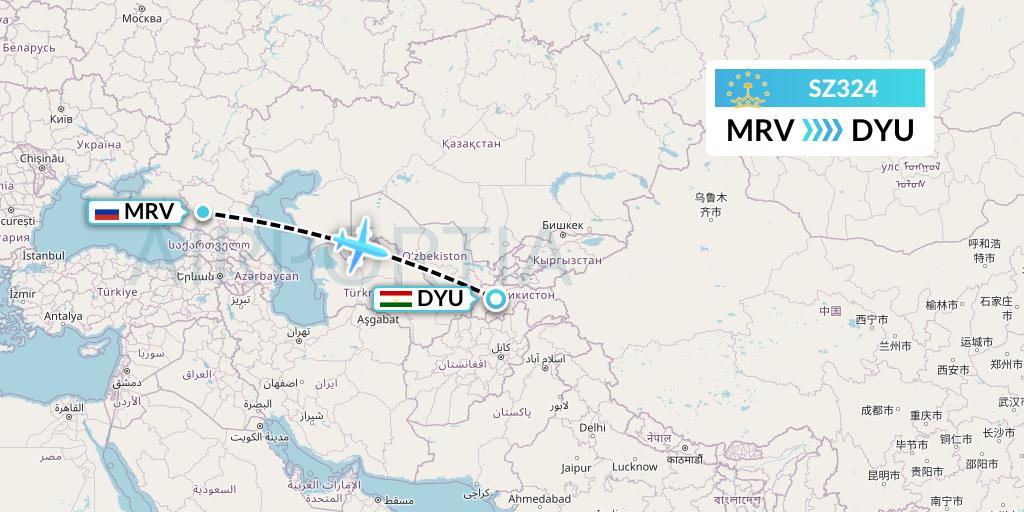 SZ324 Somon Air Flight Map: Mineralnye Vody to Dushanbe