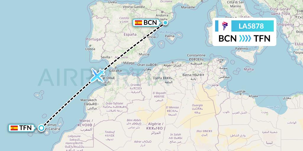 LA5878 LAN Airlines Flight Map: Barcelona to Tenerife