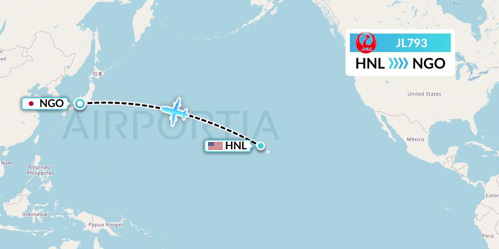 JL793 Japan Airlines Flight Map: Honolulu to Nagoya