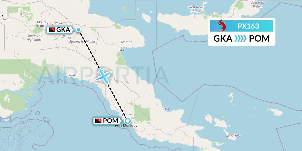 PX163 Air Niugini Flight Map: Goronka to Port Moresby