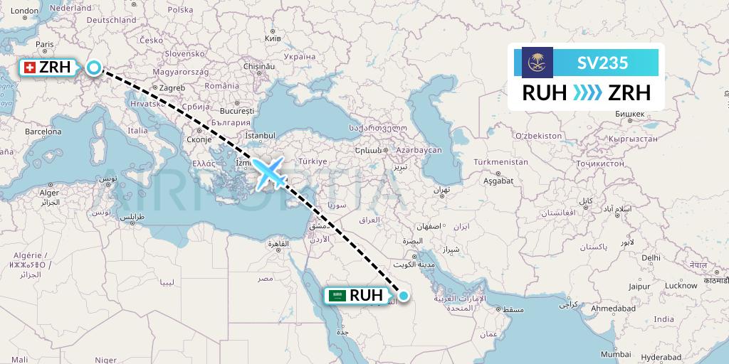 SV235 Saudi Arabian Airlines Flight Map: Riyadh to Zurich
