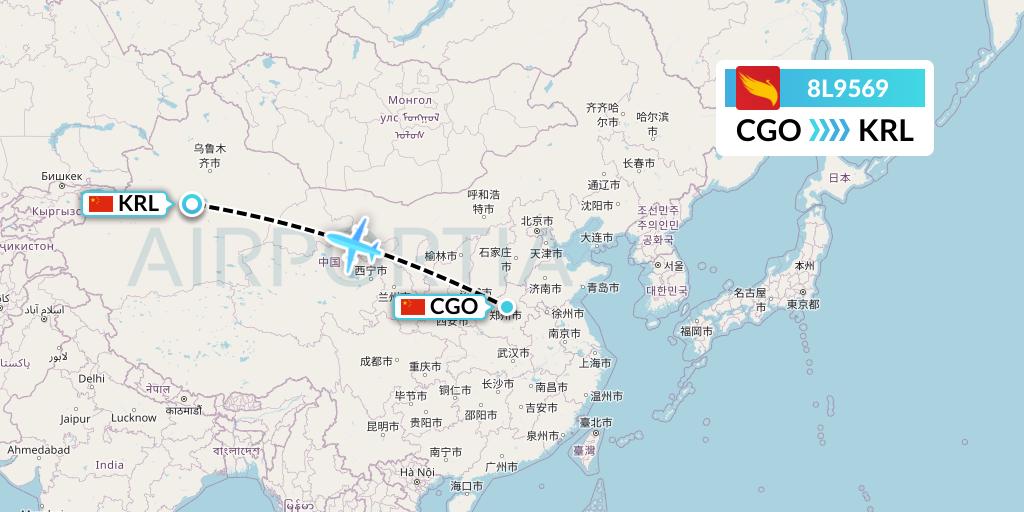 8L9569 Lucky Air Flight Map: Zhengzhou to Korla