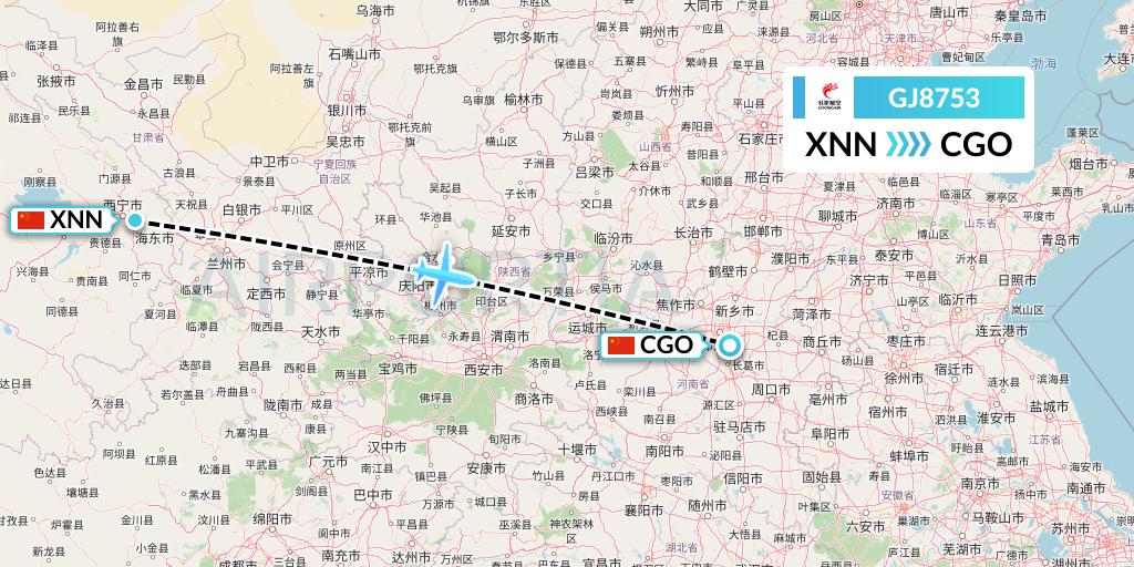 GJ8753 Loong Airlines Flight Map: Xining to Zhengzhou