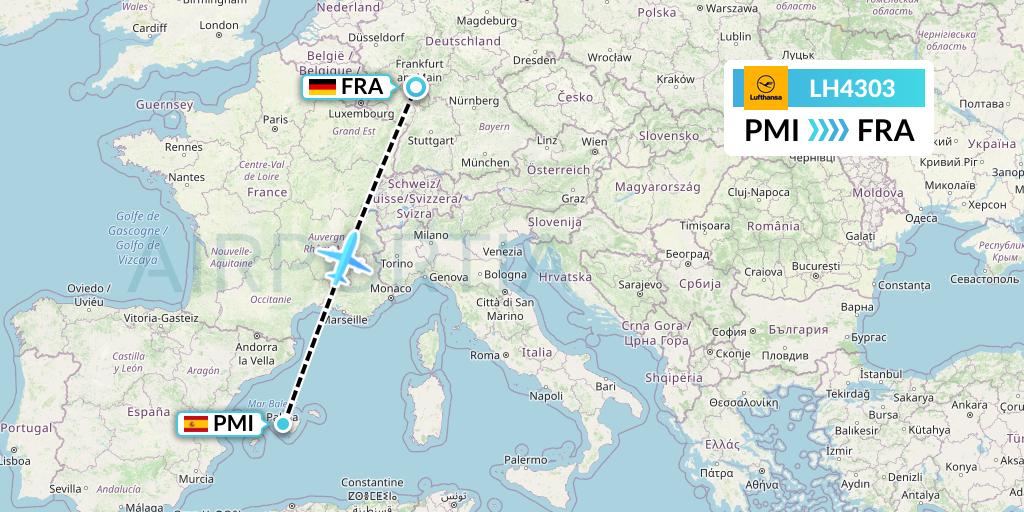 LH4303 Lufthansa Flight Map: Palma de Mallorca to Frankfurt