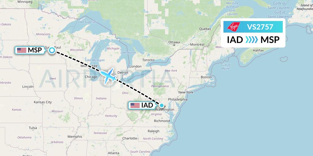 VS2757 Virgin Atlantic Airways Flight Map: Washington to Minneapolis