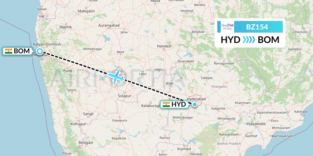BZ154 Bluebird Airways Flight Map: Hyderabad to Mumbai