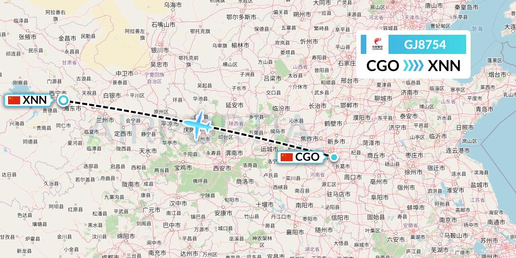 GJ8754 Loong Airlines Flight Map: Zhengzhou to Xining