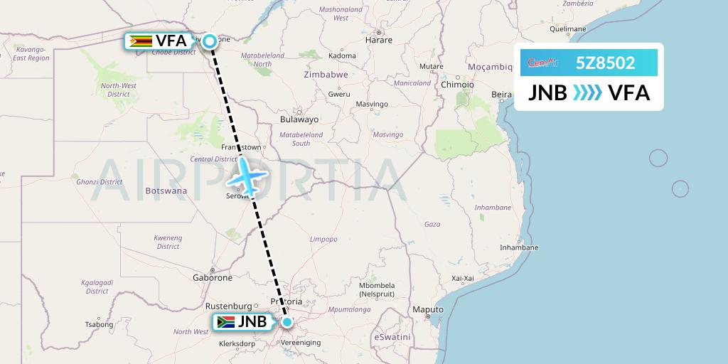 5Z8502 CemAir Flight Map: Johannesburg to Victoria Falls
