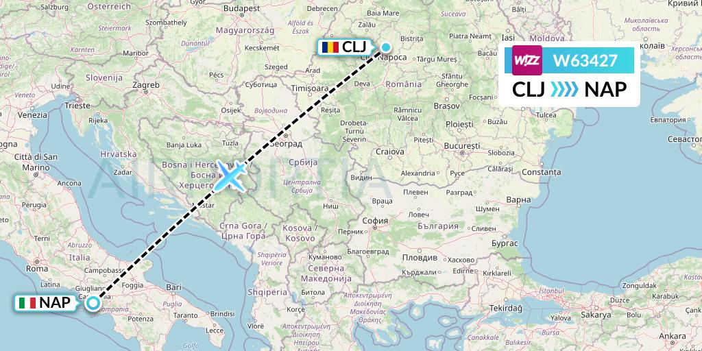 W63427 Wizz Air Flight Map: Cluj-Napoca to Naples
