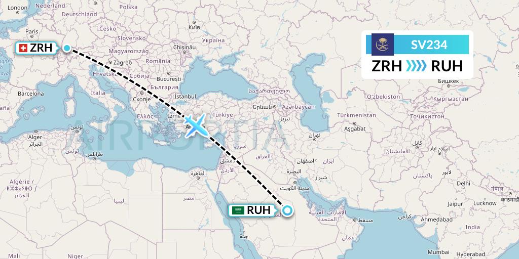 SV234 Saudi Arabian Airlines Flight Map: Zurich to Riyadh