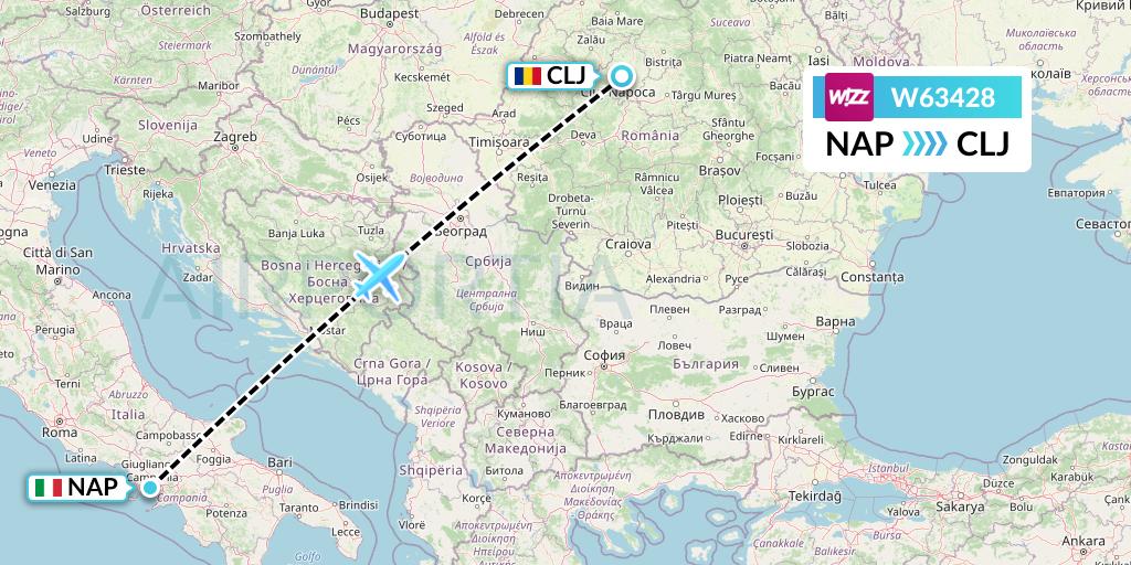 W63428 Wizz Air Flight Map: Naples to Cluj-Napoca