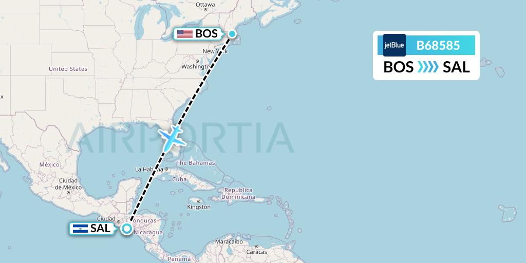 B68585 JetBlue Airways Flight Map: Boston to San Salvador