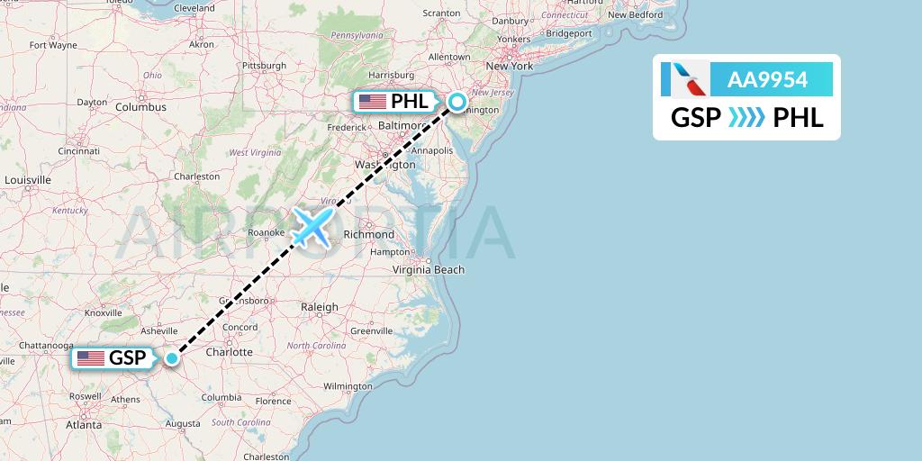 AA9954 American Airlines Flight Map: Greenville-Spartanburg to Philadelphia