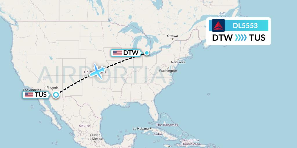 DL5553 Delta Air Lines Flight Map: Detroit to Tucson