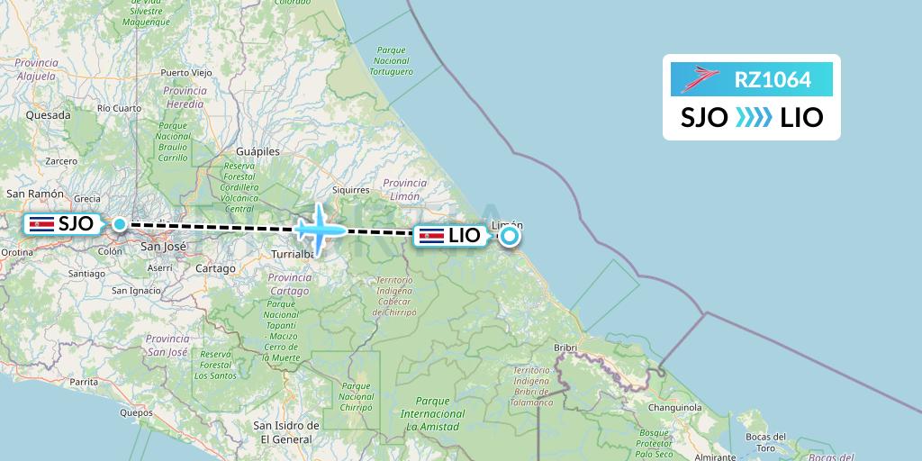 RZ1064 Sansa Airlines Flight Map: San Jose to Puerto Limon