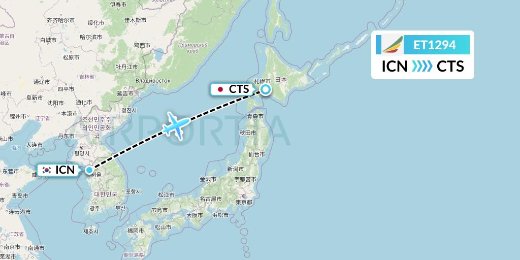 ET1294 Ethiopian Airlines Flight Map: Seoul to Sapporo
